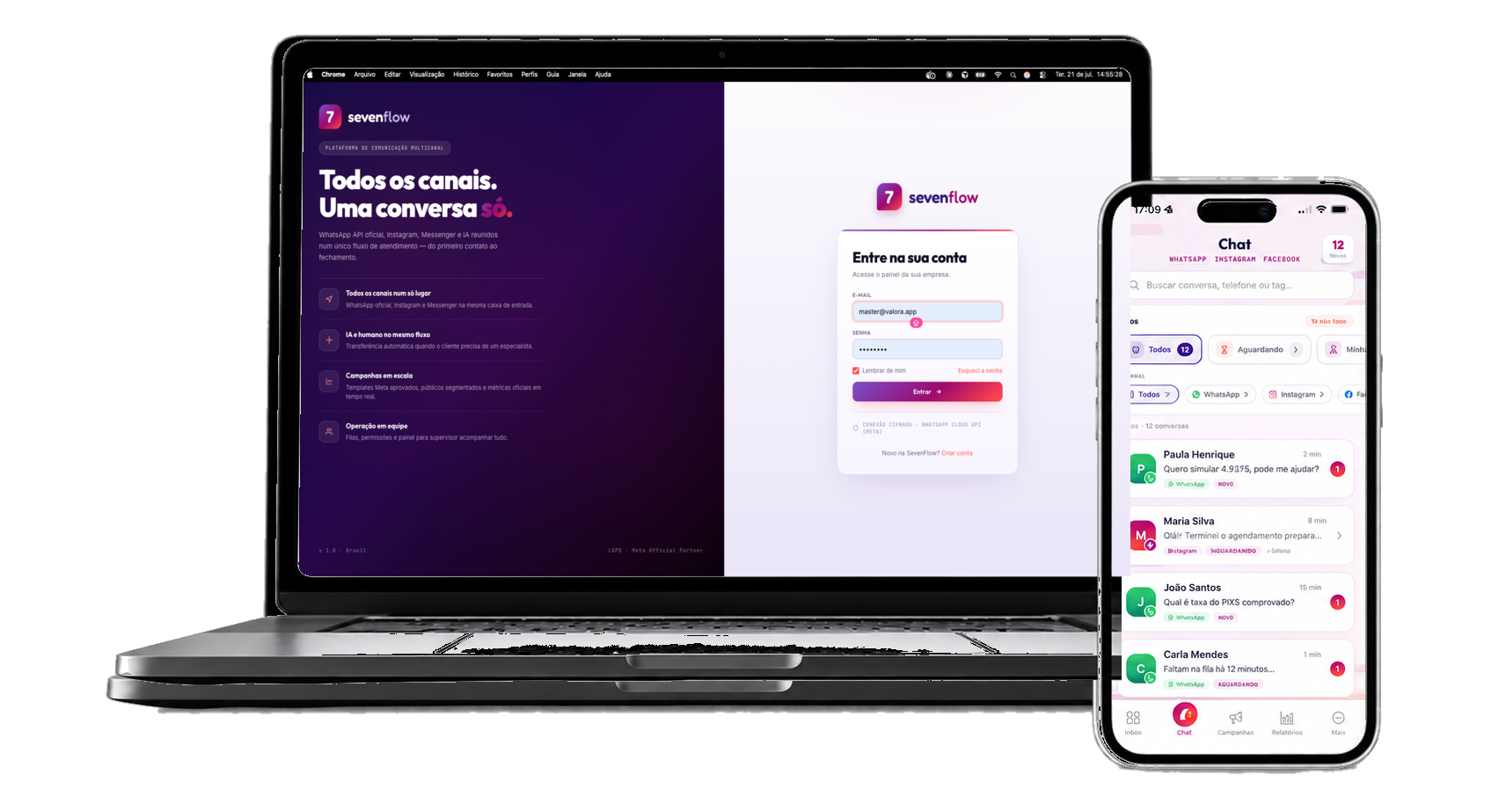 SevenFlow no MacBook e iPhone — login web e chat no app