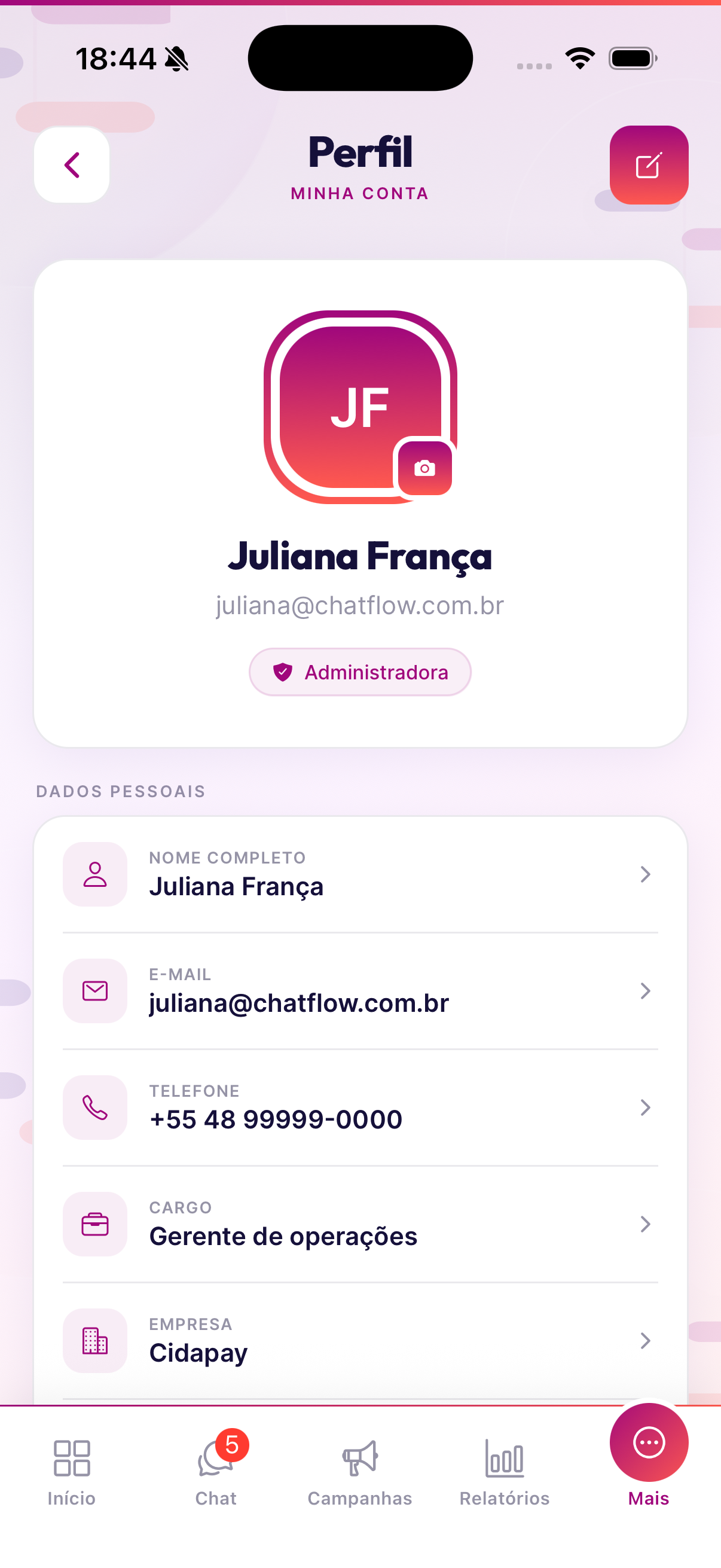 Menu e perfil do time no SevenFlow