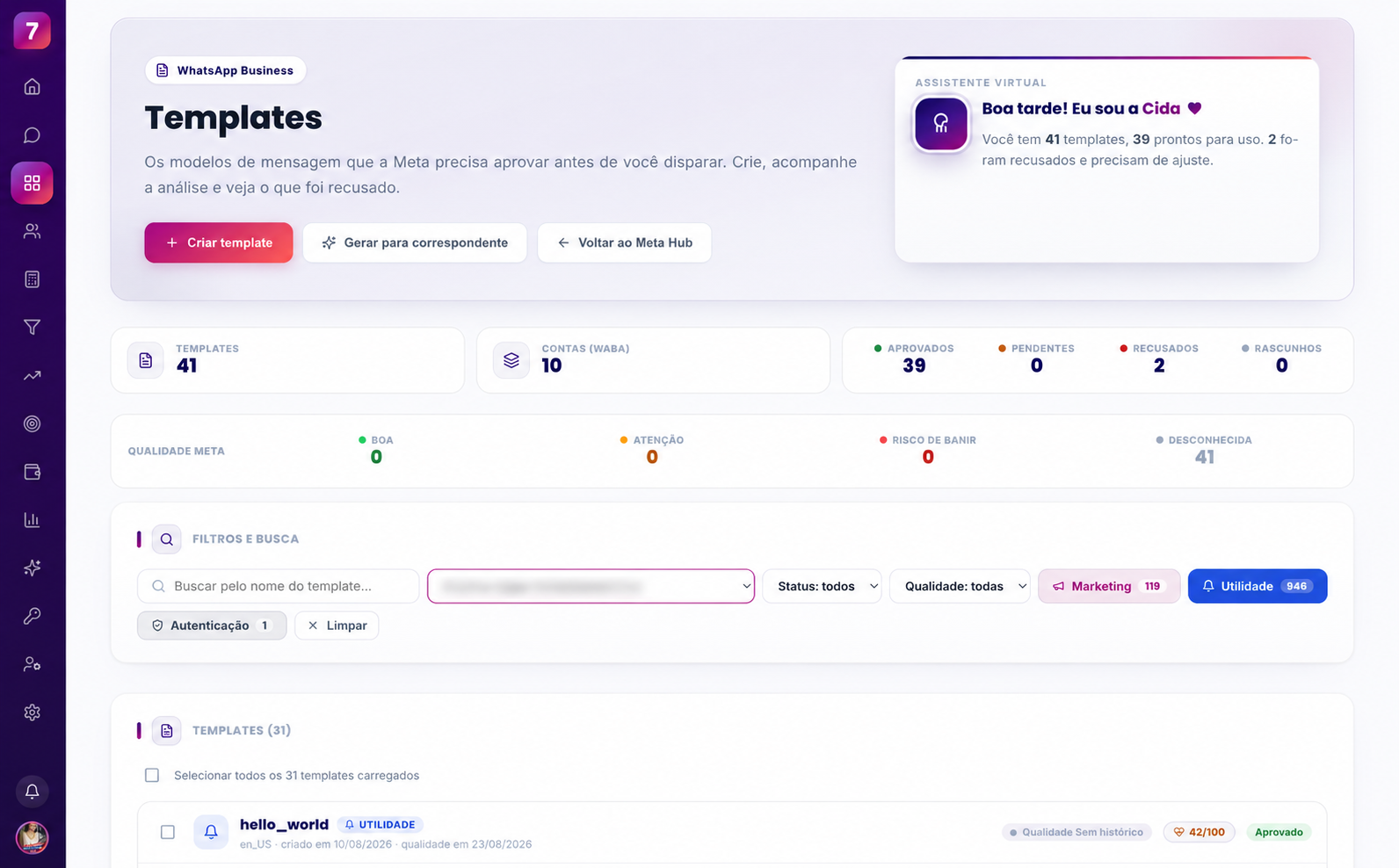 Tela real SevenFlow: templates de mensagem